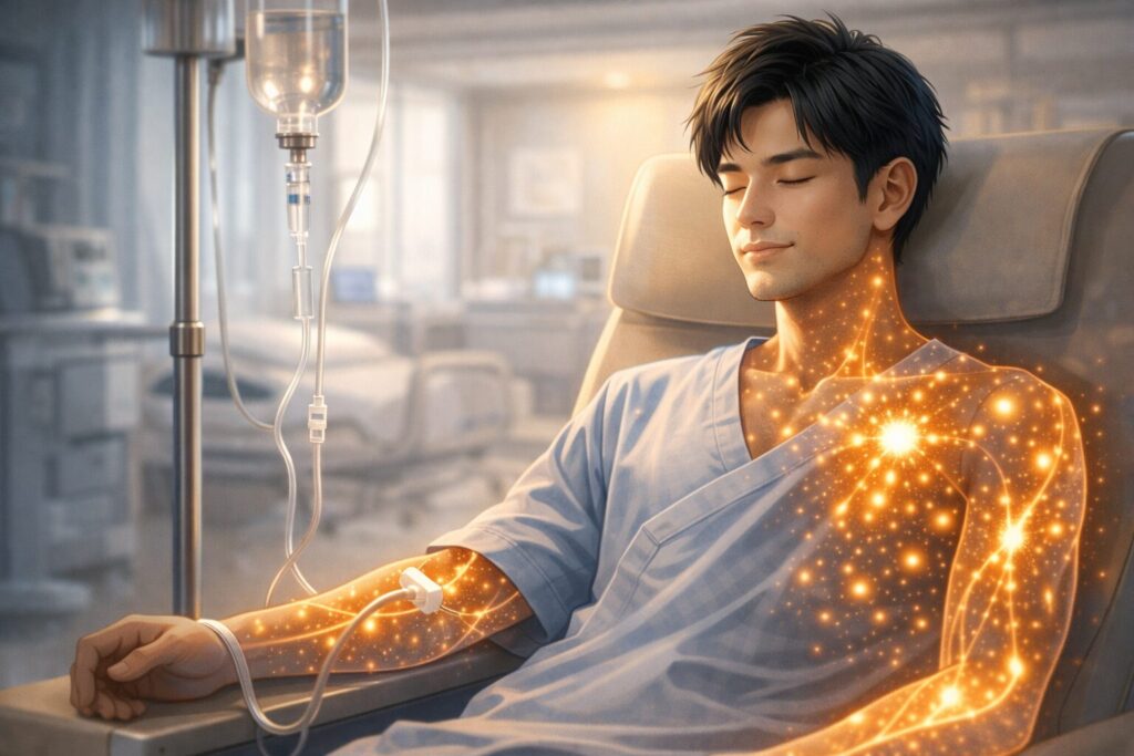 点滴治療を受ける若者